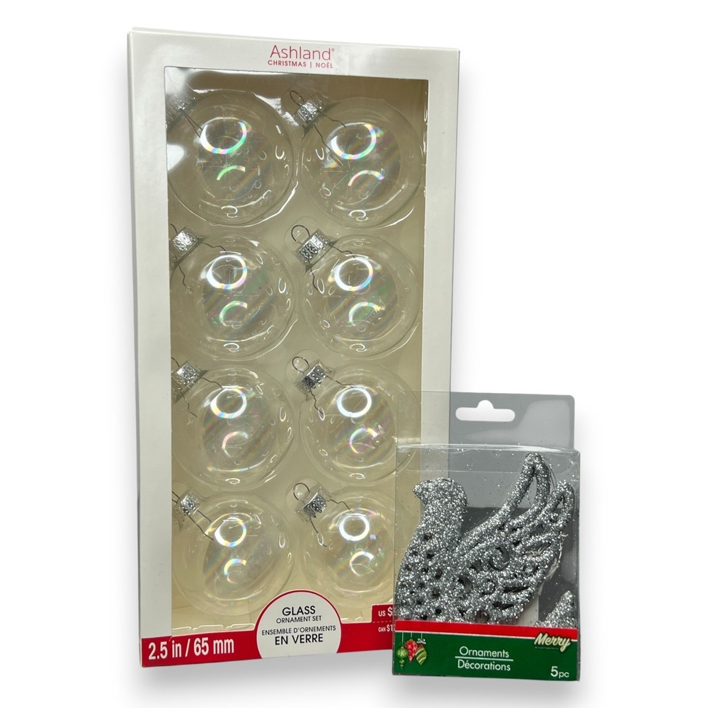 Ashland Glass Ornaments 2.5" Clear Set of 8 & Silver Glitter Bird Ornaments 5pc‎